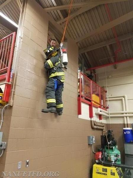 Placing ladders, firefighter egress and bail out training. Photos by Vincent P. Tuzzolino, Drill ran by 8-2 BJ Ready.